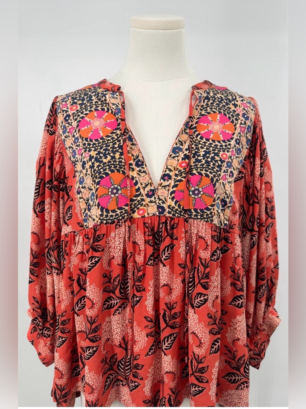 BA&SH Garry Orange Black Floral Top Boho V-Neck Blouse 2 M Medium